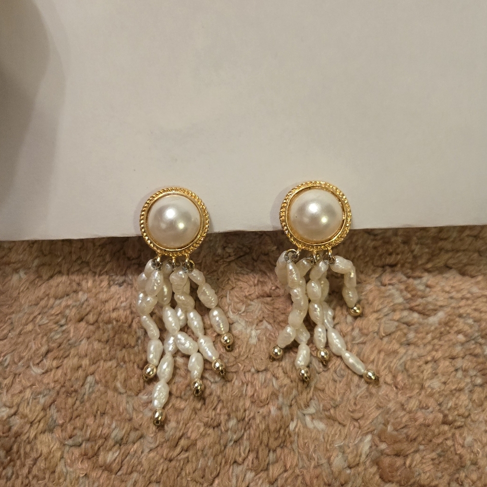 Elegant Gold Tone and White Pearl Dangle Earrings